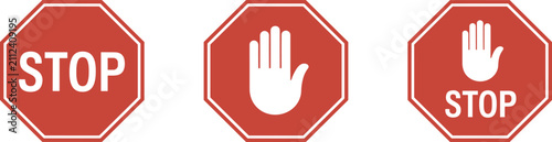 Foto Three red octagonal stop signs featuring the word stop and a white hand symbol