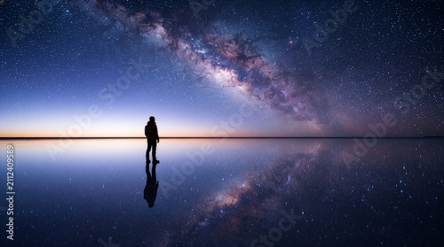 Person standing under starry night sky. Traveler watching the milky way galaxy reflection.