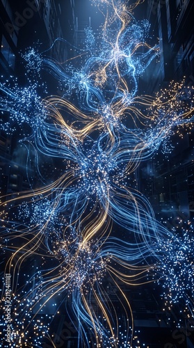 Abstract digital flow of light particles creating a futuristic atmosphere in a technology inspired environment