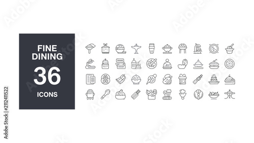 Cuadro en lienzo Fine dining icons set featuring various food items kitchen utensils and dining e