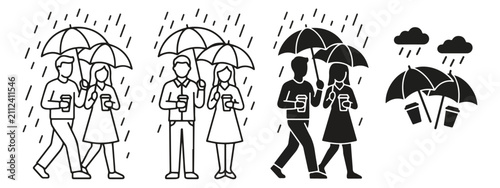 Foto Minimalist couple walking in rain with umbrellas vector set, black and white lin