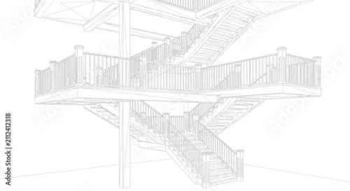Staircase architecture design shows the geometric layout of an outdoor multi-level pedestrian stairway.