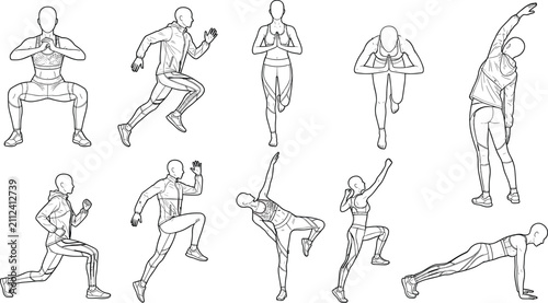 Athletes Fitness Exercise Poses Line Art Vector Set for Sports and Gym Training Concepts