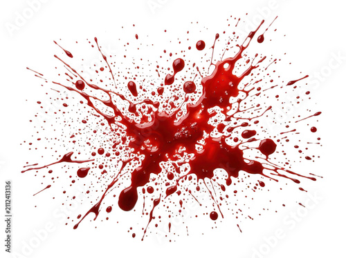 Red blood splash isolated on transparent background. Graphic design element for horror concepts.