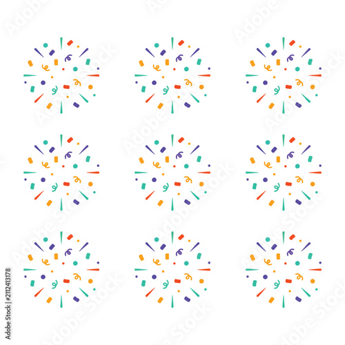 A pattern of nine colorful firework bursts or confetti explosions arranged in a grid, featuring various shapes and vibrant colors on white background