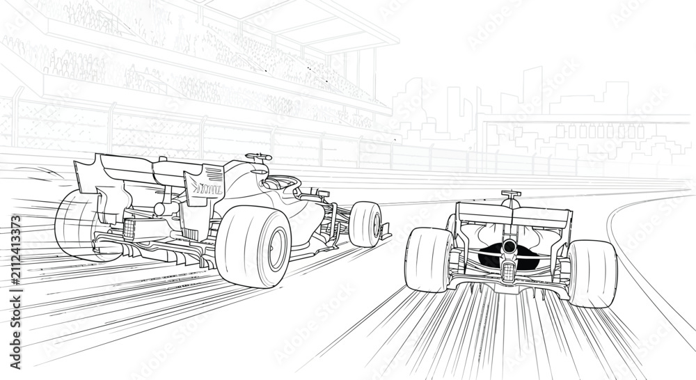 Fototapeta premium Formula 1 Race Cars Speeding on Track, Dynamic Line Art Illustration