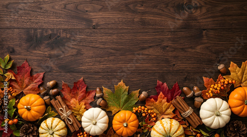 Rustic wooden table decorated with pumpkins autumn leaves and cinnamon sticks for a beautiful and festive seasonal thanksgiving background for your design