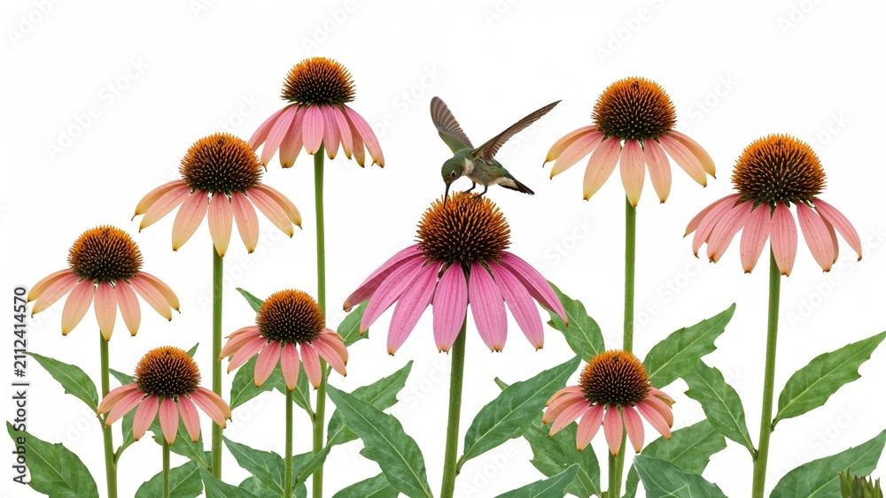 Fototapeta premium Flowers and hummingbird with pink petals and green leaves. Nature and wildlife scene. Pollination and garden ecosystem. The beauty of flora and fauna.