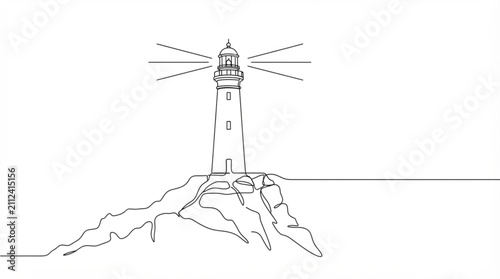  Minimalist lighthouse continuous line art vector one line drawing of coastal beacon on rocky cliff for marine design