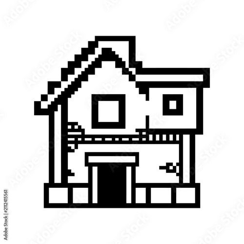Pixel art cottage building in black and white.