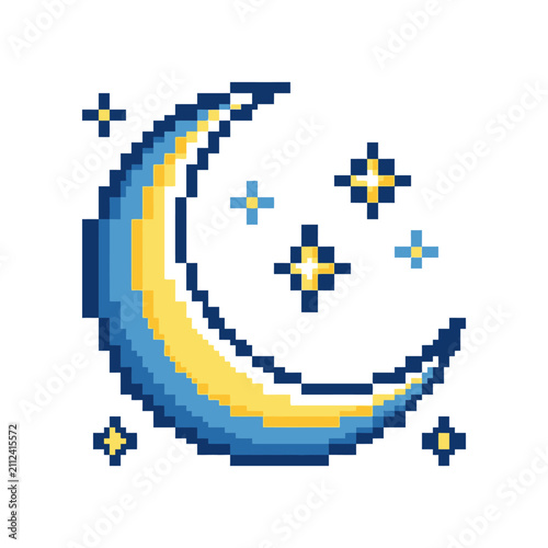 Pixel art crescent moon and stars icon.