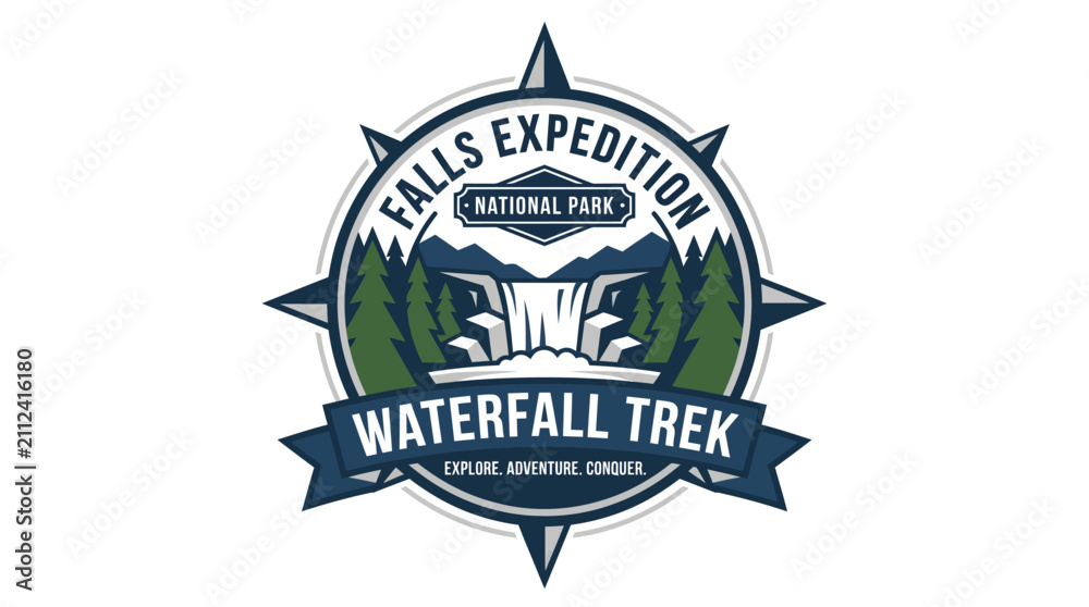 Fototapeta premium Vintage style emblem for a national park waterfall trekking expedition.