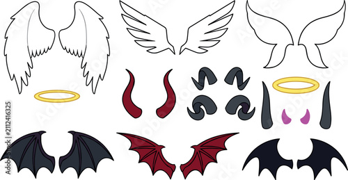 Isometric Fantasy Wings Horns and Halo Vector Collection Featuring Angel Devil Bat and Costume Accessory Elements for Character Design