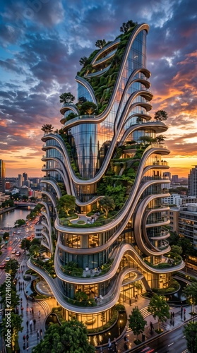 Modern cityscape featuring futuristic architecture and lush greenery illuminated by the warm glow of sunset