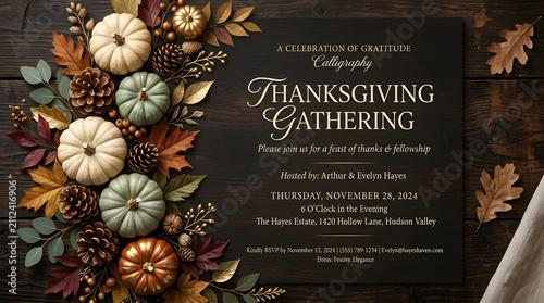 Elegant rustic thanksgiving background featuring festive pumpkins autumn leaves and pine cones on a dark wooden table for holiday invitation card design