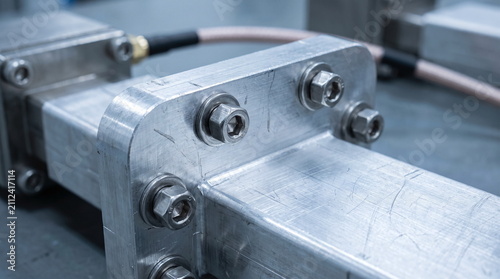 Close up of a metallic rectangular waveguide with bolted flange connection used in microwave telecommunications equipment