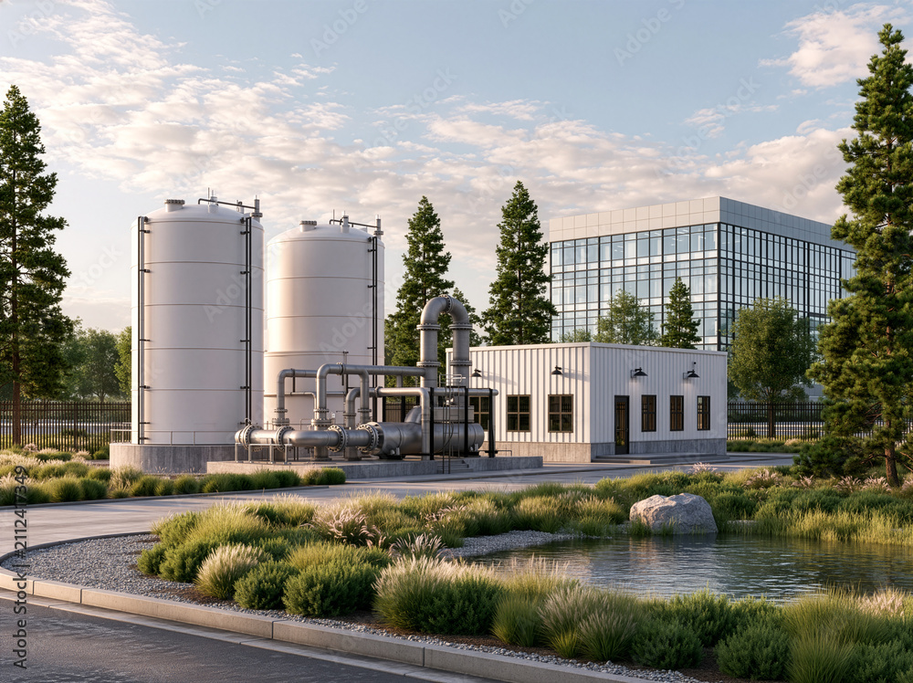 Fototapeta premium Municipal water treatment tanks serving tech park