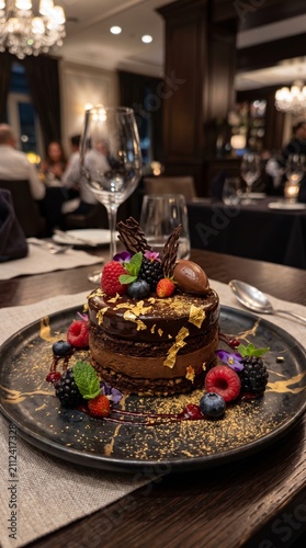 Luxurious chocolate dessert adorned with fresh berries and gold leaf in a sophisticated dining atmosphere