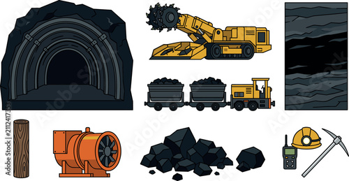 Isometric Coal Mining Industry Vector Collection with Underground Tunnel Excavator Mine Cart Coal Equipment Safety Gear and Industrial Extraction Elements