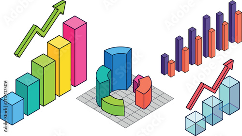 Isometric Business Data Visualization Charts Collection with Colorful Bar Graphs Column Charts Pie Analytics Growth Arrows and Financial Infographic Elements Vector Set