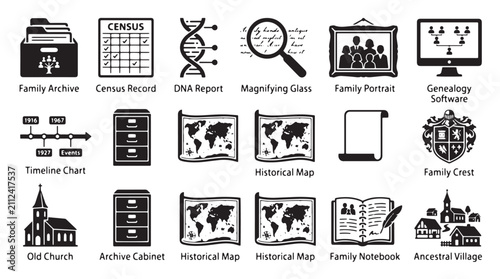 Картината върху платно Genealogy and family history icon set, 18 black vector symbols for ancestral res