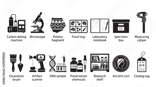 Bild auf Leinwand Archaeology laboratory icon set, 14 black vector icons for scientific research a