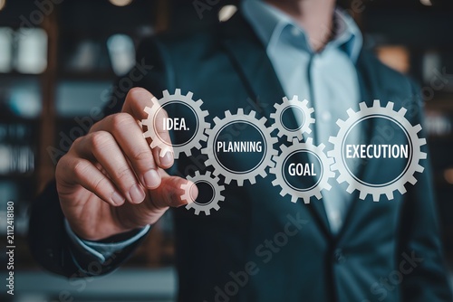 Professional connecting virtual gears illustrating the stages of business strategy and project execution workflow