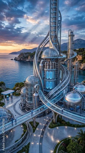Modern coastal city with cutting edge architecture and a beautiful sunset reflecting on the ocean waves