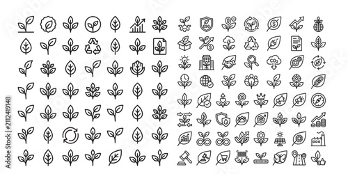 Eco Business Plants Line Icons Set Black and White Sustainability Botanical 49 Grid Vector Collection