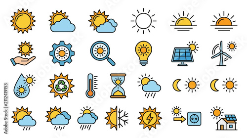 Minimalist Colorful Icons Set Featuring Weather Energy and Sustainability Symbols with Sun Clouds Solar Panels Wind Turbines