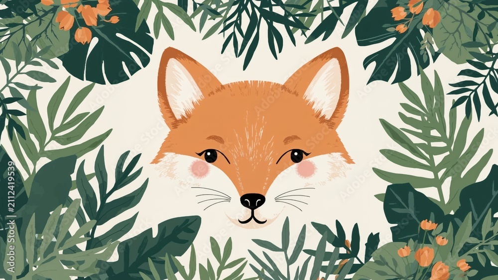 Fototapeta premium A cute fox surrounded by lush green tropical leaves and orange flowers.