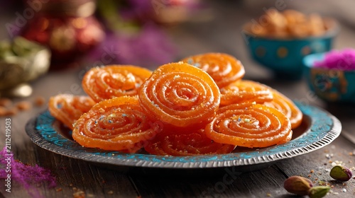 Traditional orange spiral sweets on a decorative metal plate with colorful powders and pistachios