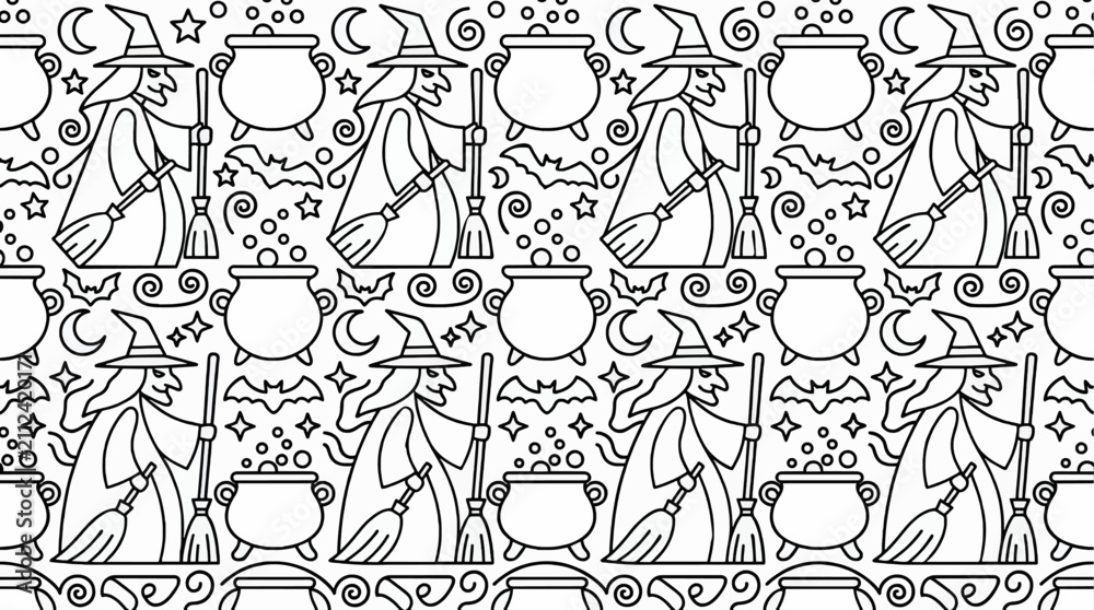 Fototapeta premium Black and White Geometric Seamless Pattern with Witches, Cauldrons, Bats, Moons, and Stars, Halloween Coloring Page Vector Illustration