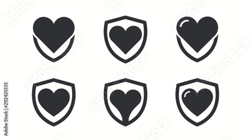 Foto Heart emblems encased within protective shields feature diverse outlines and bold graphic styles