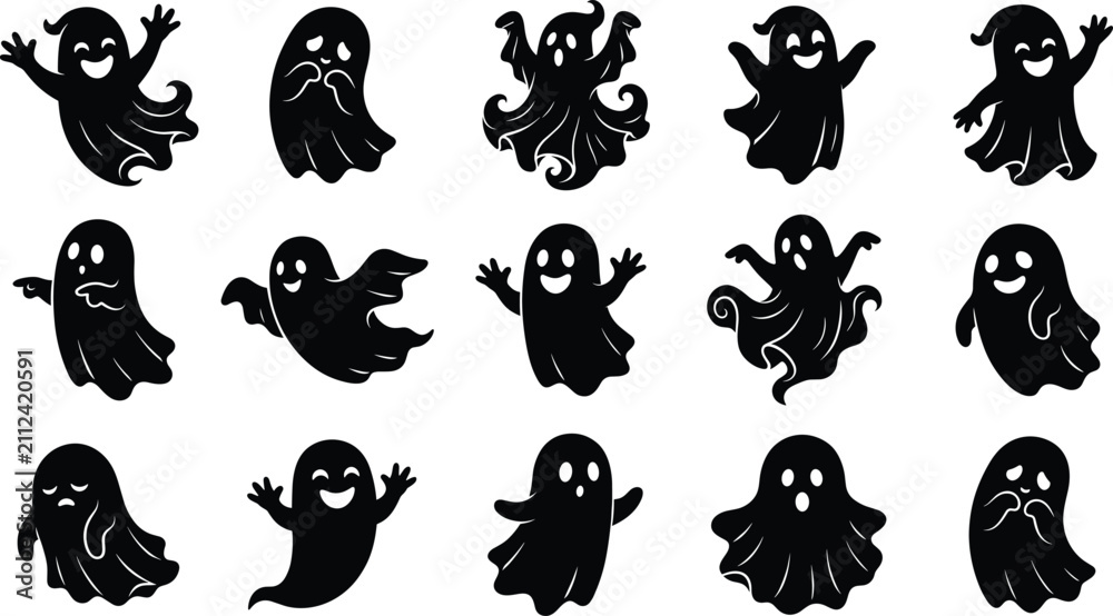 Obraz premium Cute Halloween Ghost Silhouette Collection with Cartoon Ghost Vector Characters for Spooky Designs