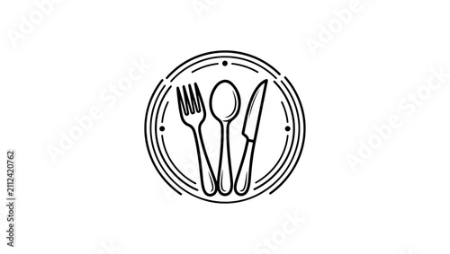 Fork and spoon crossed inside circular restaurant emblem, monochrome vector line art, isolated on white background minimalist black and white vector line art, isolated on white background, SVG vector 