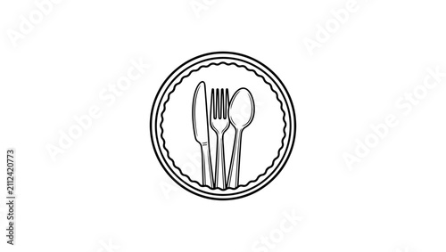 Fork and spoon crossed inside circular restaurant emblem, monochrome vector line art, isolated on white background minimalist black and white vector line art, isolated on white background, SVG vector 