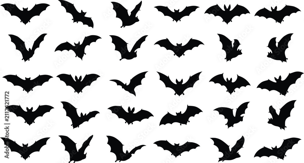 Fototapeta premium Flying Bat Silhouette Collection with Halloween Black Bat Vector Set for Spooky Designs