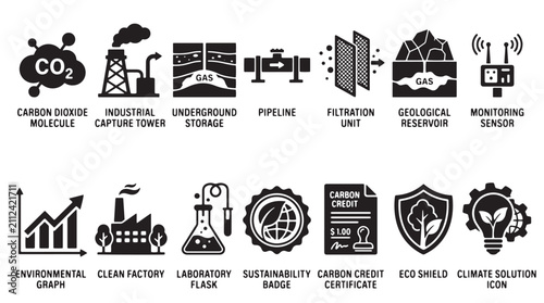 Foto Carbon capture and storage icons set, industrial CO2 sequestration symbols, 14 e