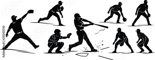 Fotografie Baseball player silhouettes vector set with pitcher batter catcher and infielder
