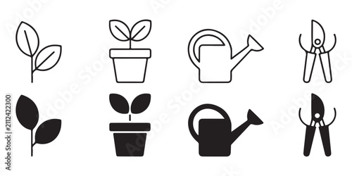 Quadro su tela Gardening equipment icons set including potted plants watering cans and pruning shears in two styles