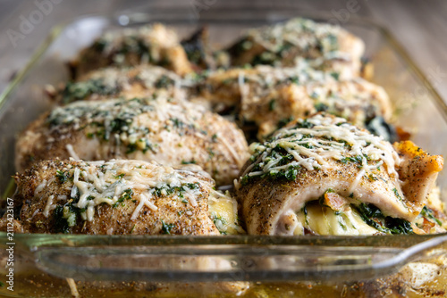 Bacon Spinach and Gouda Stuffed Chicken Breasts in Glass Baking Dish