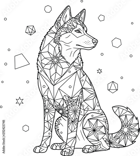 Geometric Wolf Illustration – Low Poly Style Animal Art with Stars and Shapes, Detailed Line Drawing for Coloring Pages and Creative Design Projects
