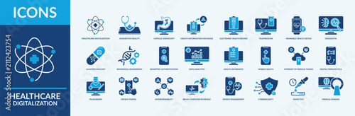Healthcare Digitalization icon set. Thin flat blue Set contains such Icons as patient portal, capsule endoscopy, telemedicine and more. Simple web icons set
