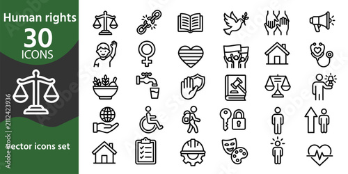 A comprehensive set of thirty black and white line art icons representing various concepts of human rights and equality
