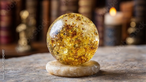 Translucent amber energy sphere with swirling gold flecks rests on a stone base.