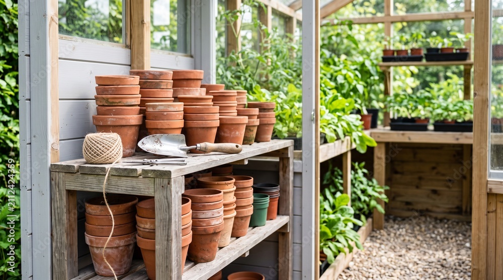 Fototapeta premium Garden tool shed with terracotta pots and plants on shelves