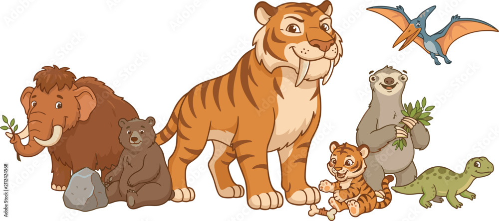 Obraz premium Cute prehistoric ice age animals and cartoon dinosaurs collection vector illustration isolated on white background set