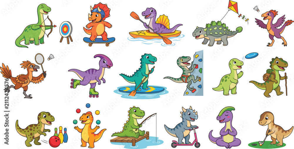 Obraz premium Cute Dinosaur Sports and Outdoor Activities Cartoon Character Collection Vector Illustration Set