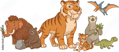 Quadro su tela Cute prehistoric ice age animals and cartoon dinosaurs collection vector illustr